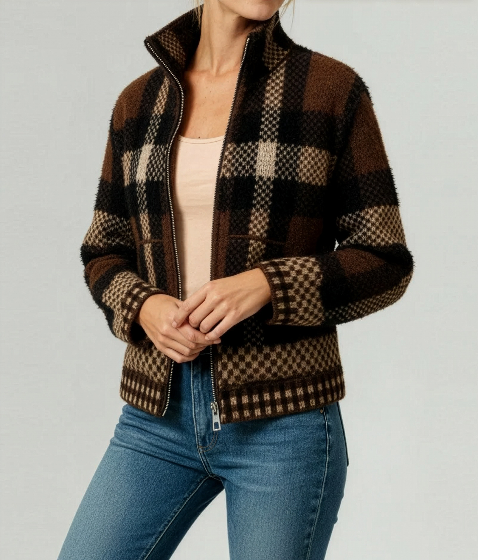 Women's High-Neck Plaid Zip-Up Cardigan Sweatshirt