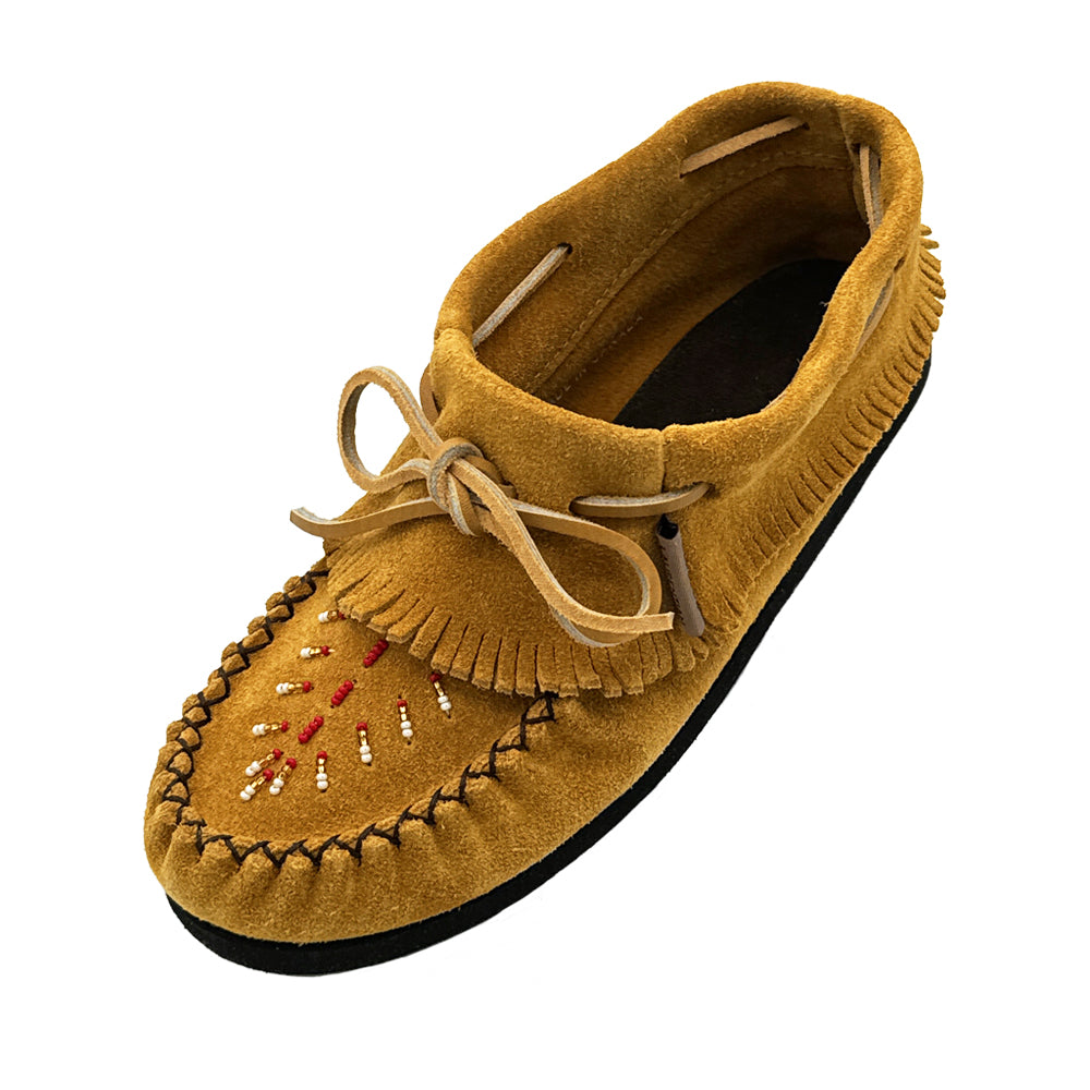 Women's Laurentian Chief genuine suede leather moccasins with stylish fringe and hand-beaded vamp.