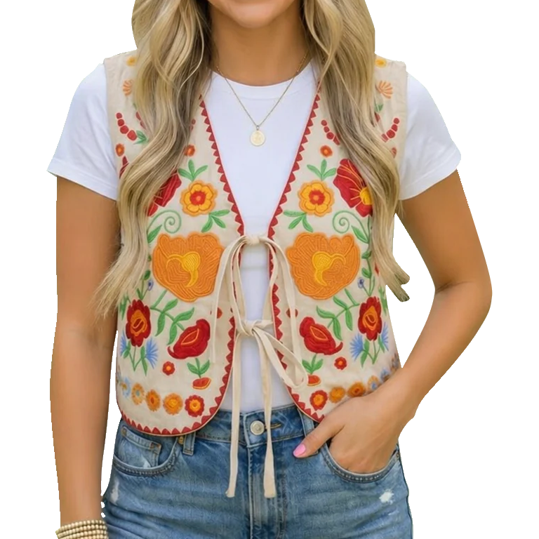 Women's Floral Embroidered Tie Front Vest