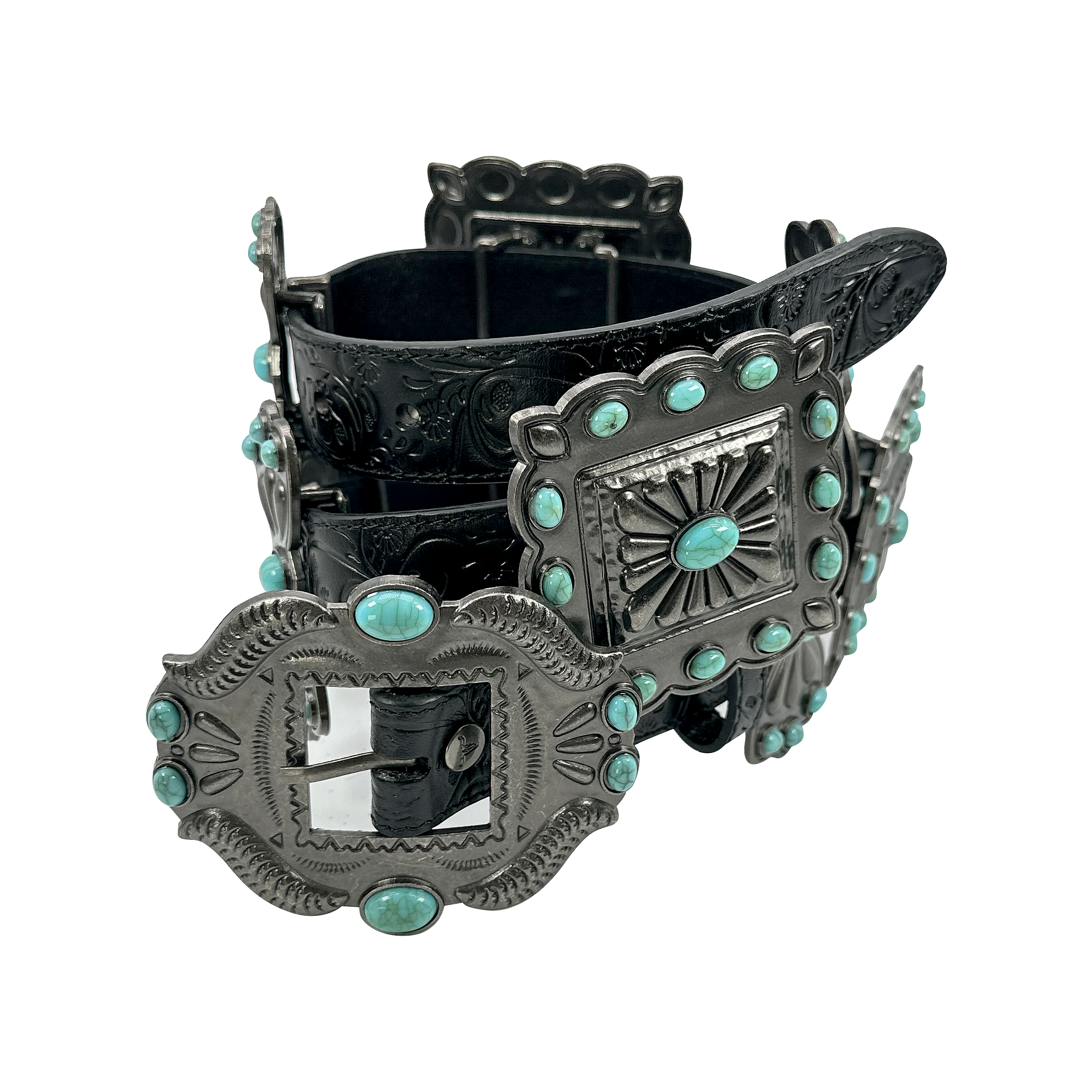 Turquoise Stone Western Concho Belt - Black Leather Tooled Concho Belt | GALLOP  main image 2