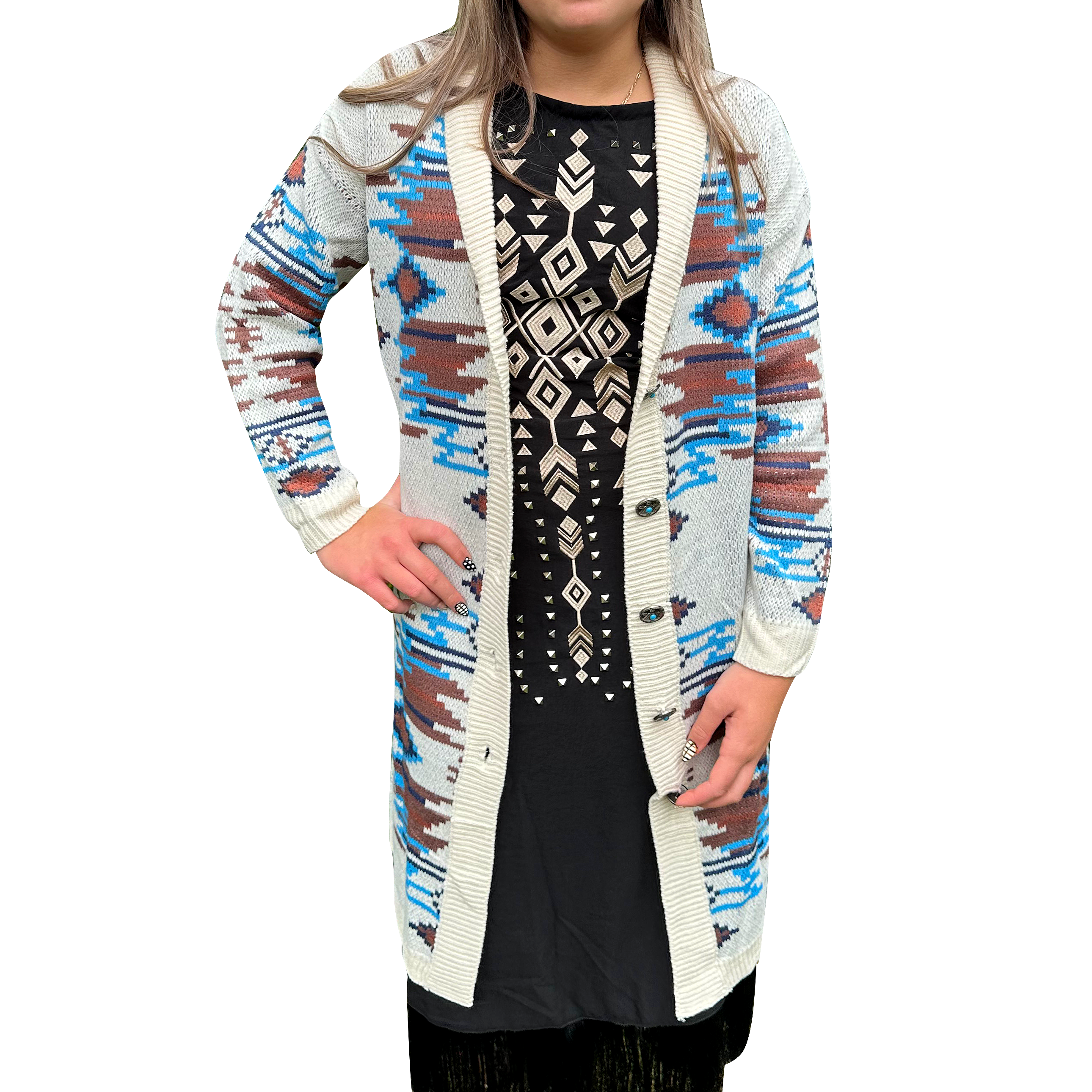 Women's Knit Long Sleeve Button Down Aztec Duster