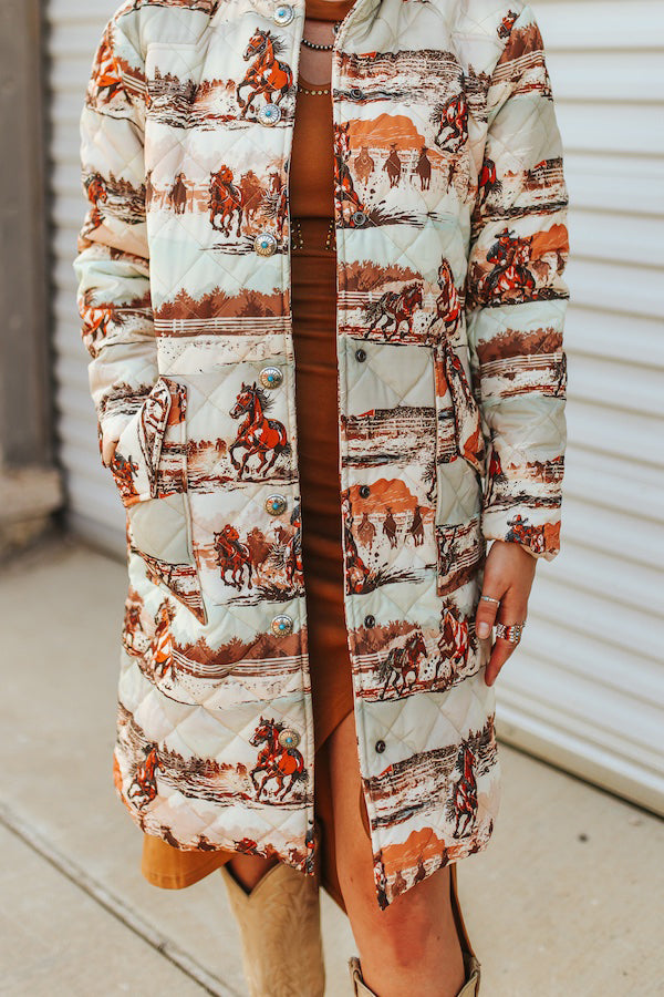 Women's Horse Printed Long Quilted Coat