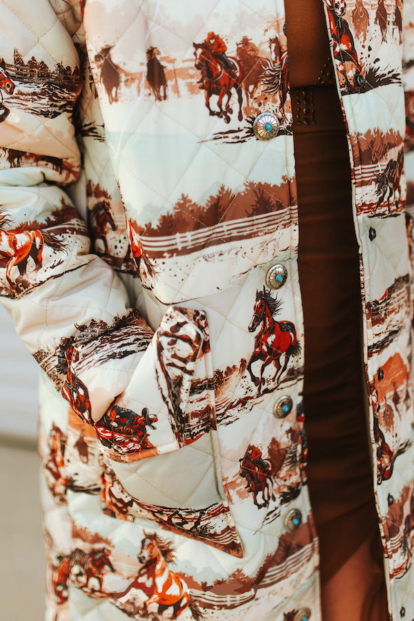 Women's Horse Printed Long Quilted Coat
