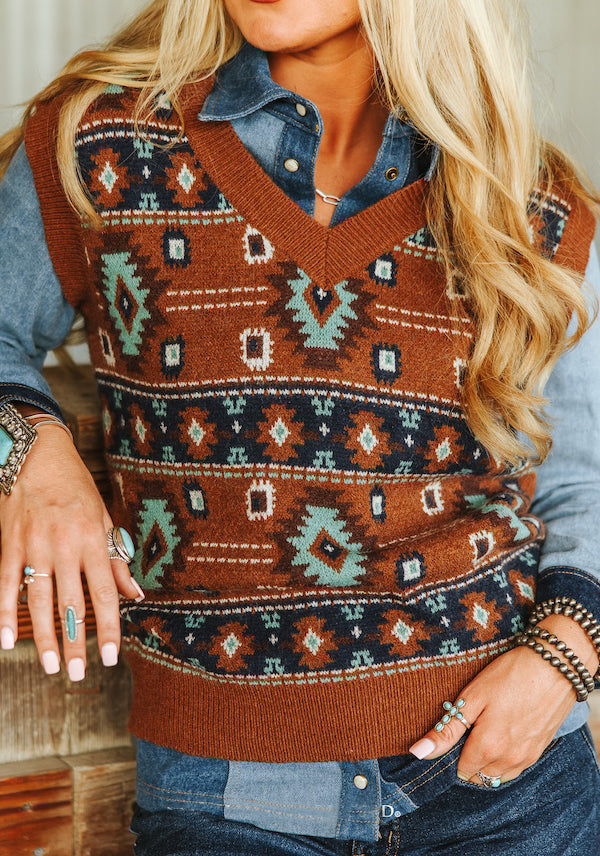 Women's Brown Southwestern Knit Vest