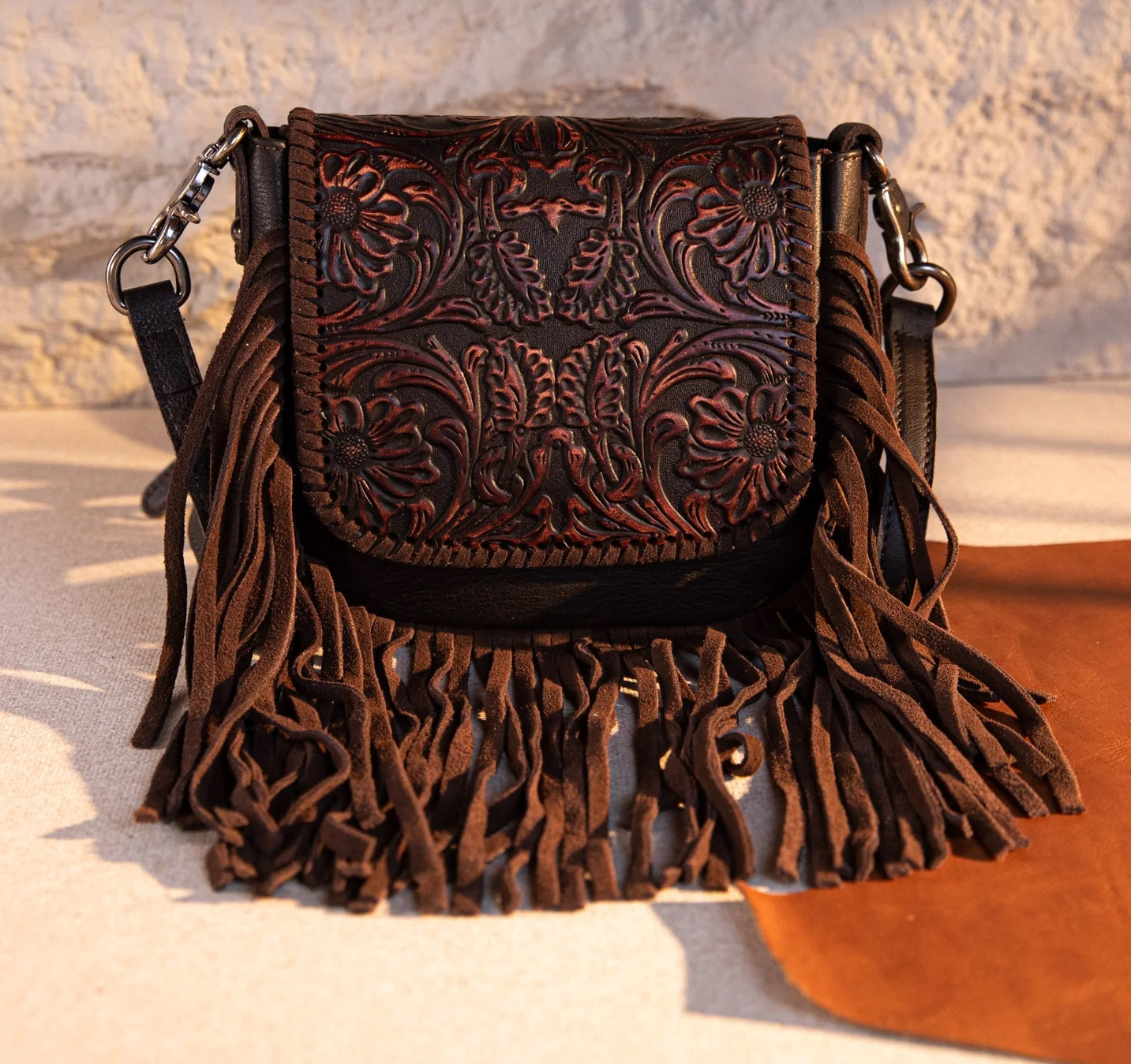 Genuine Leather Tooled Fringe Crossbody Purse