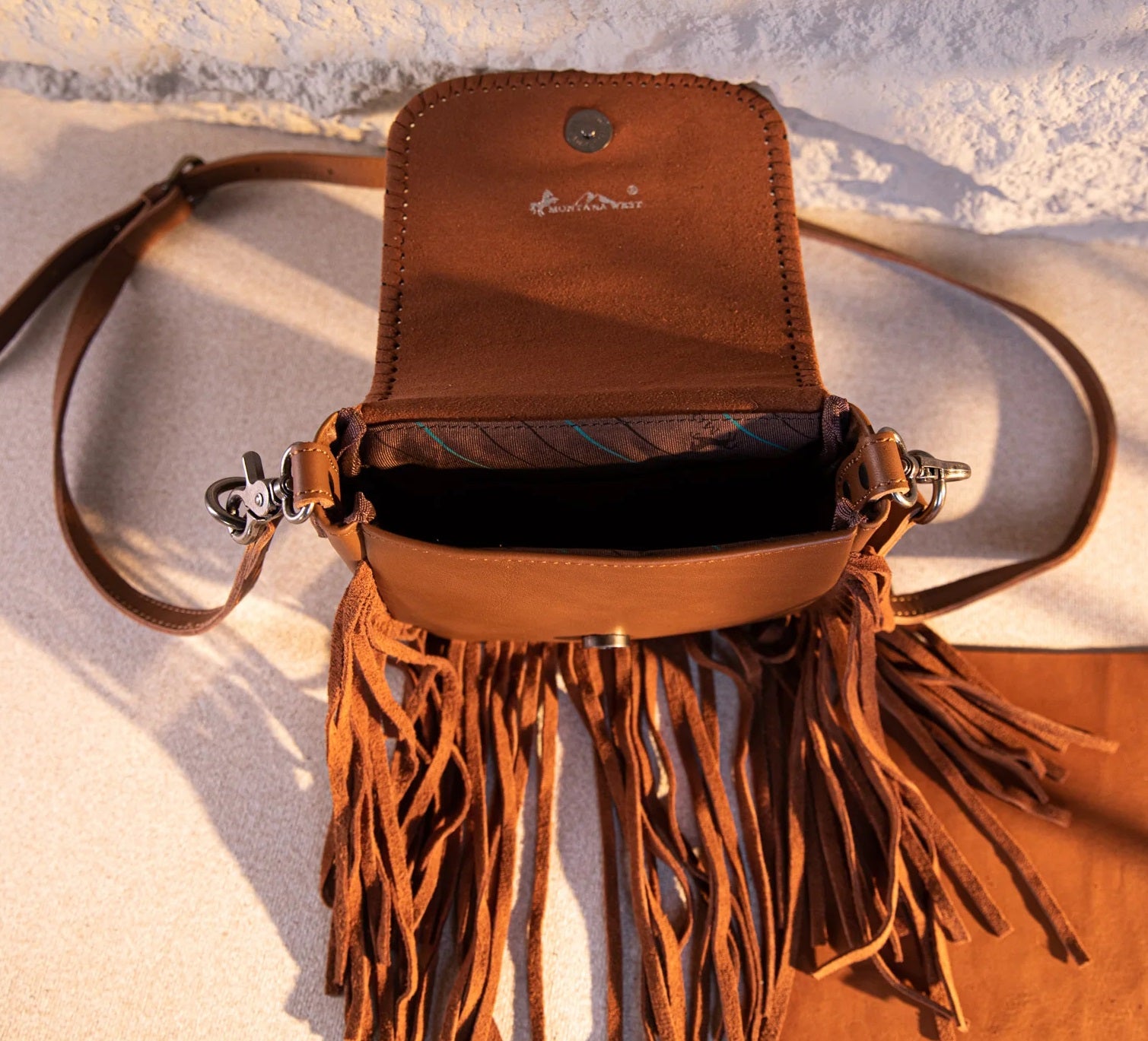 Genuine Leather Tooled Fringe Crossbody Purse