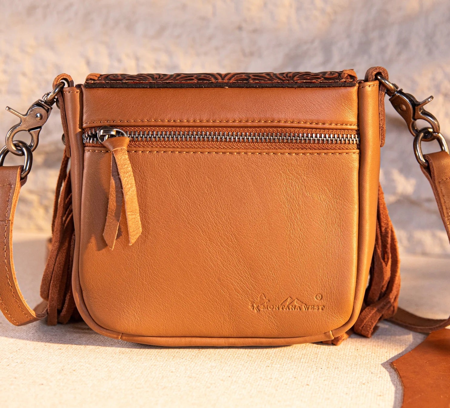 Genuine Leather Tooled Fringe Crossbody Purse