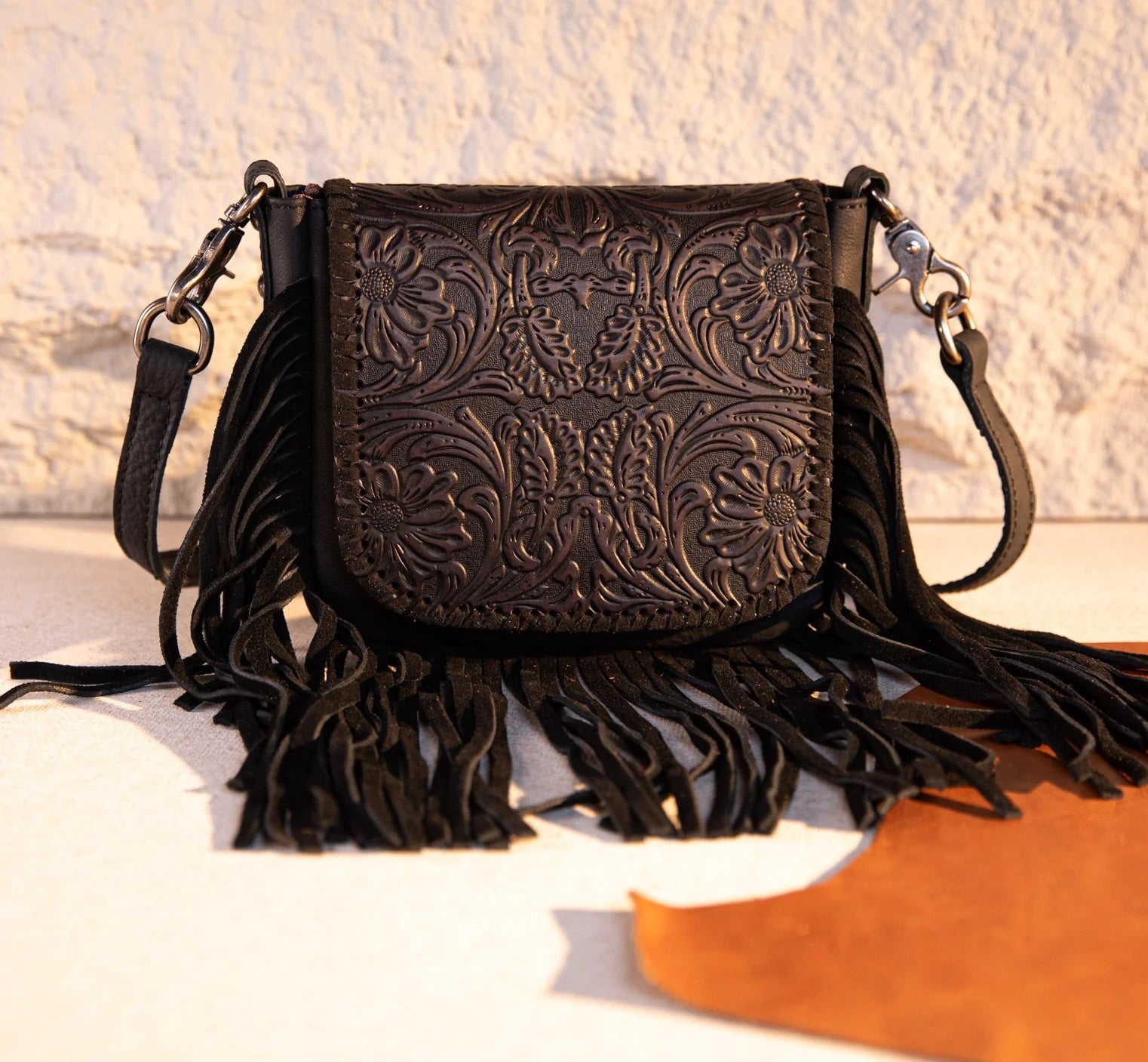 Genuine Leather Tooled Fringe Crossbody Purse