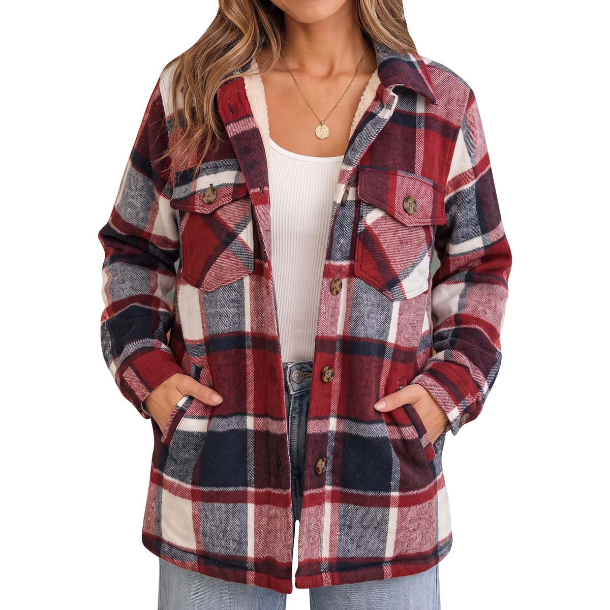 Women's Collar Plaid Sherpa Lined Button Front Shacket