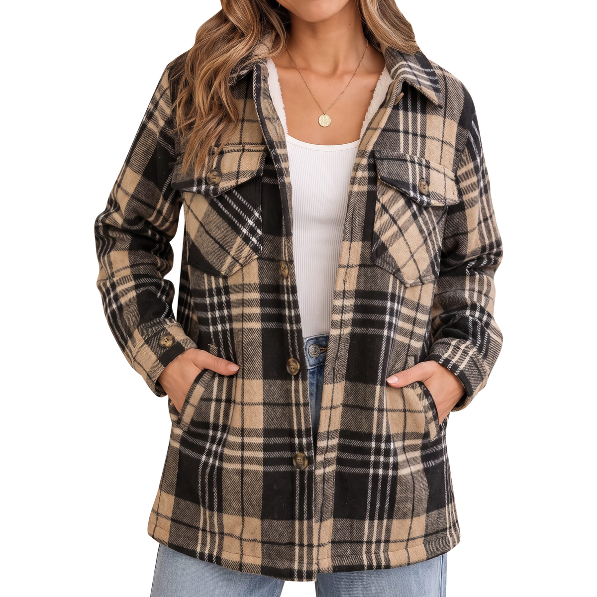 Women's Collar Plaid Sherpa Lined Button Front Shacket