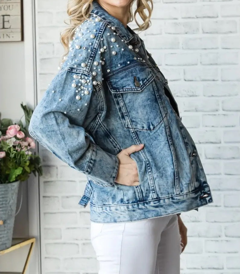 Women's Pearl & Rhinestone Denim Jacket (Clearance)