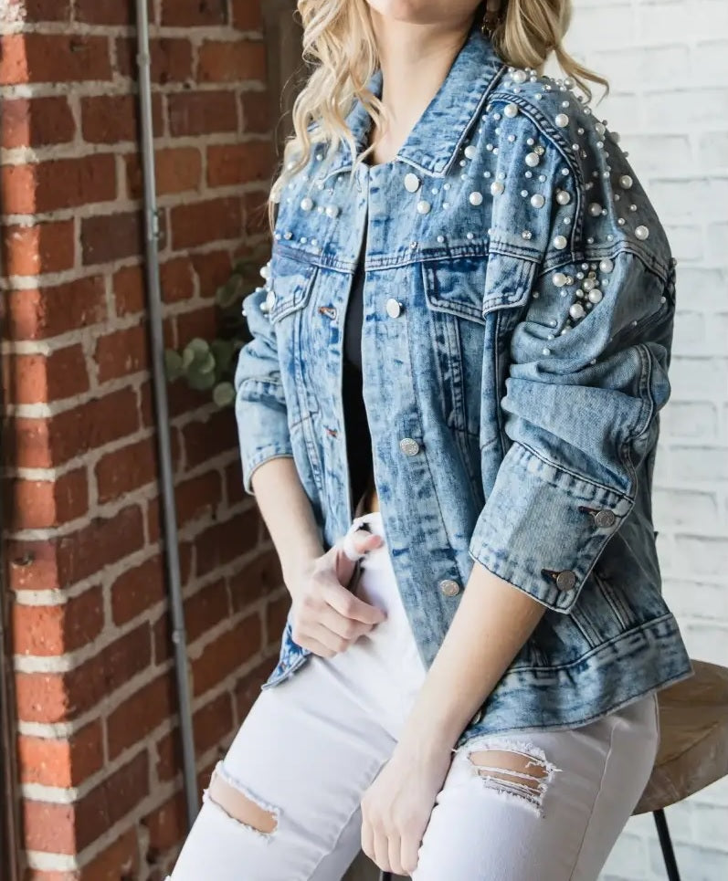 Women's Pearl & Rhinestone Denim Jacket (Clearance)