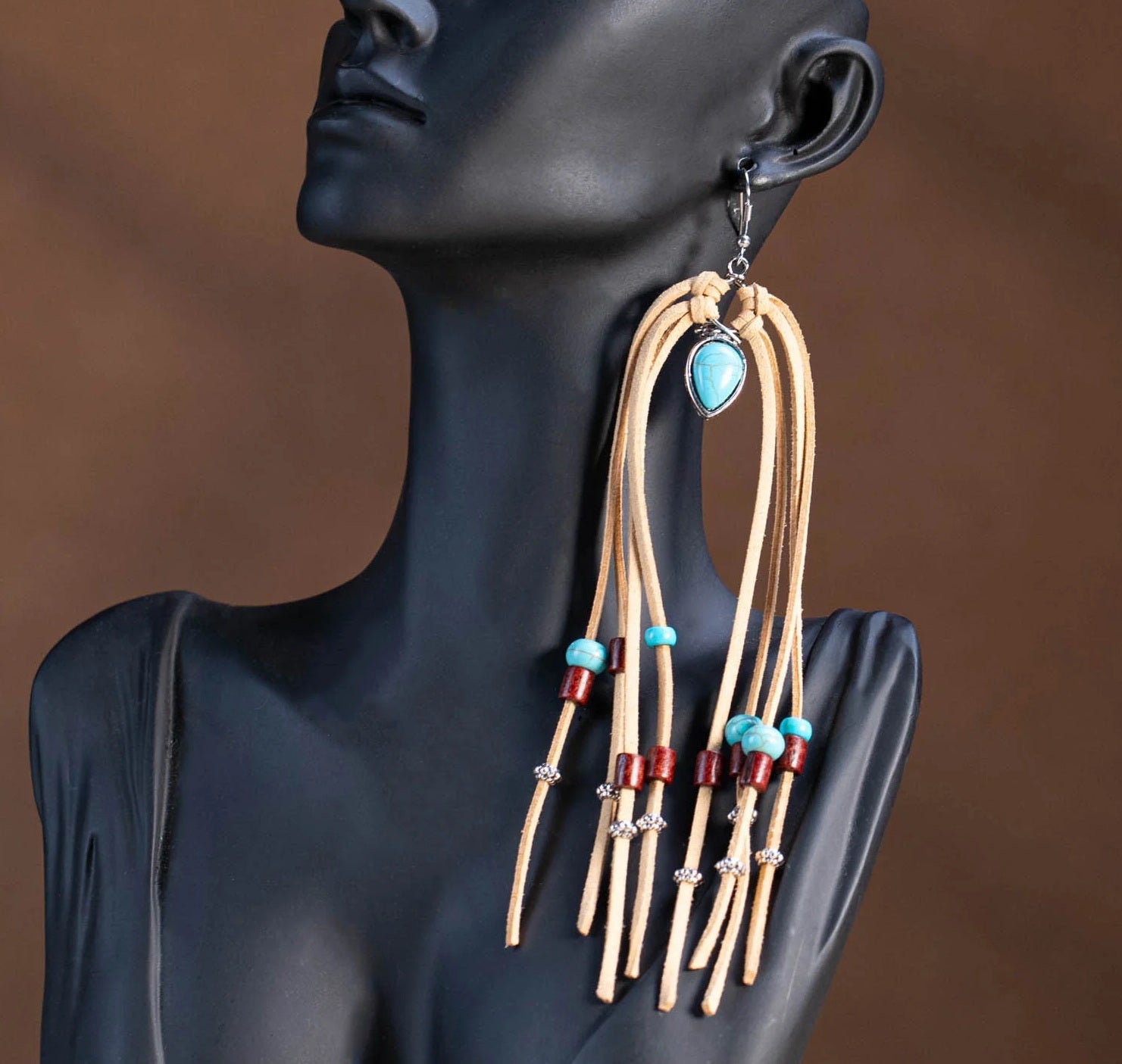Suede Beaded Tassels Hook Statement Earrings