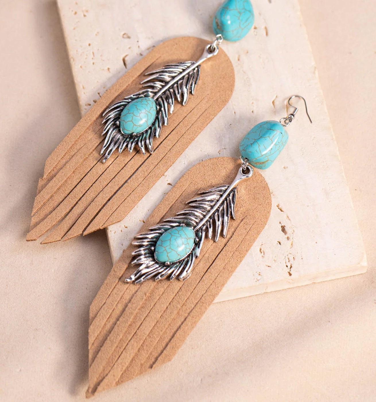Turquoise Stone Suede Tassels Statement Earrings
