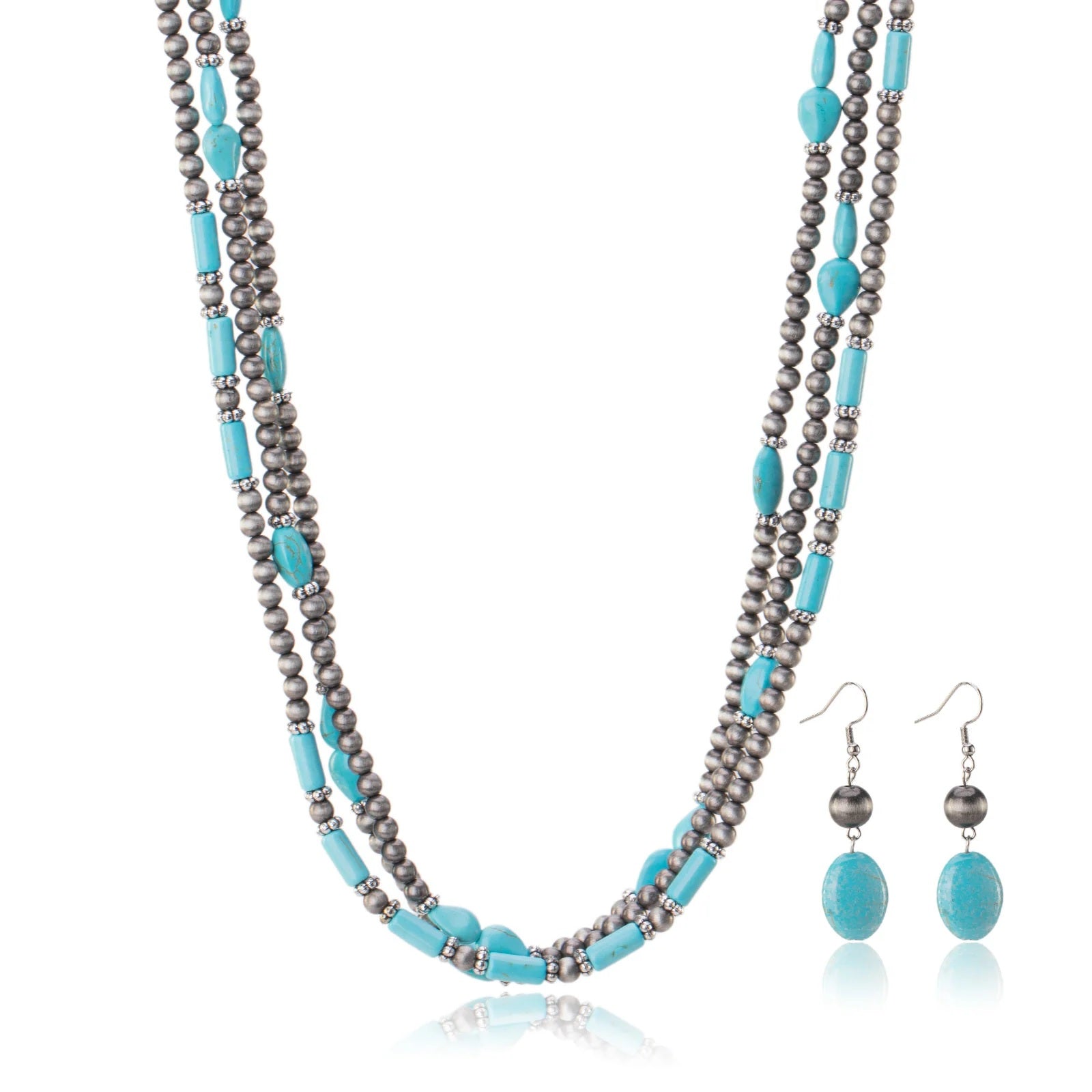 Turquoise Beaded Layered Necklace & Earrings Set