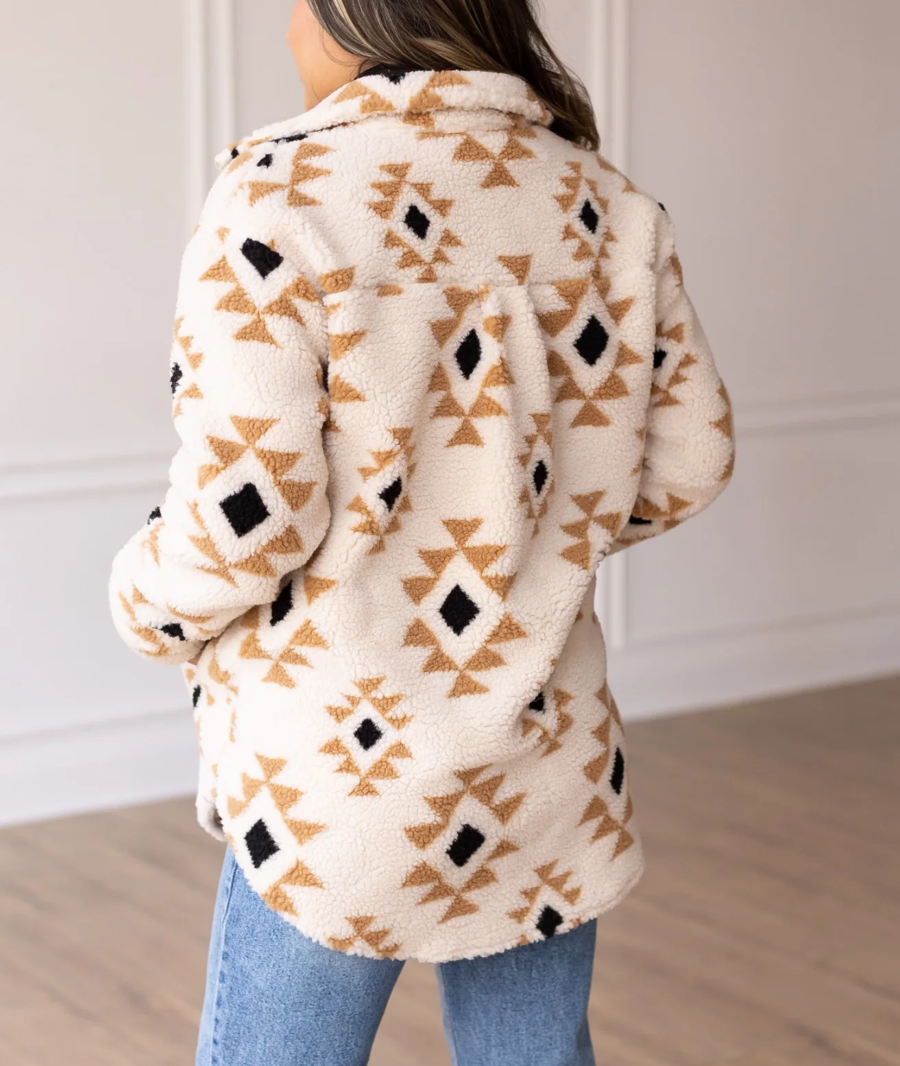 Women's Aztec Pattern Button Down Sherpa Jacket