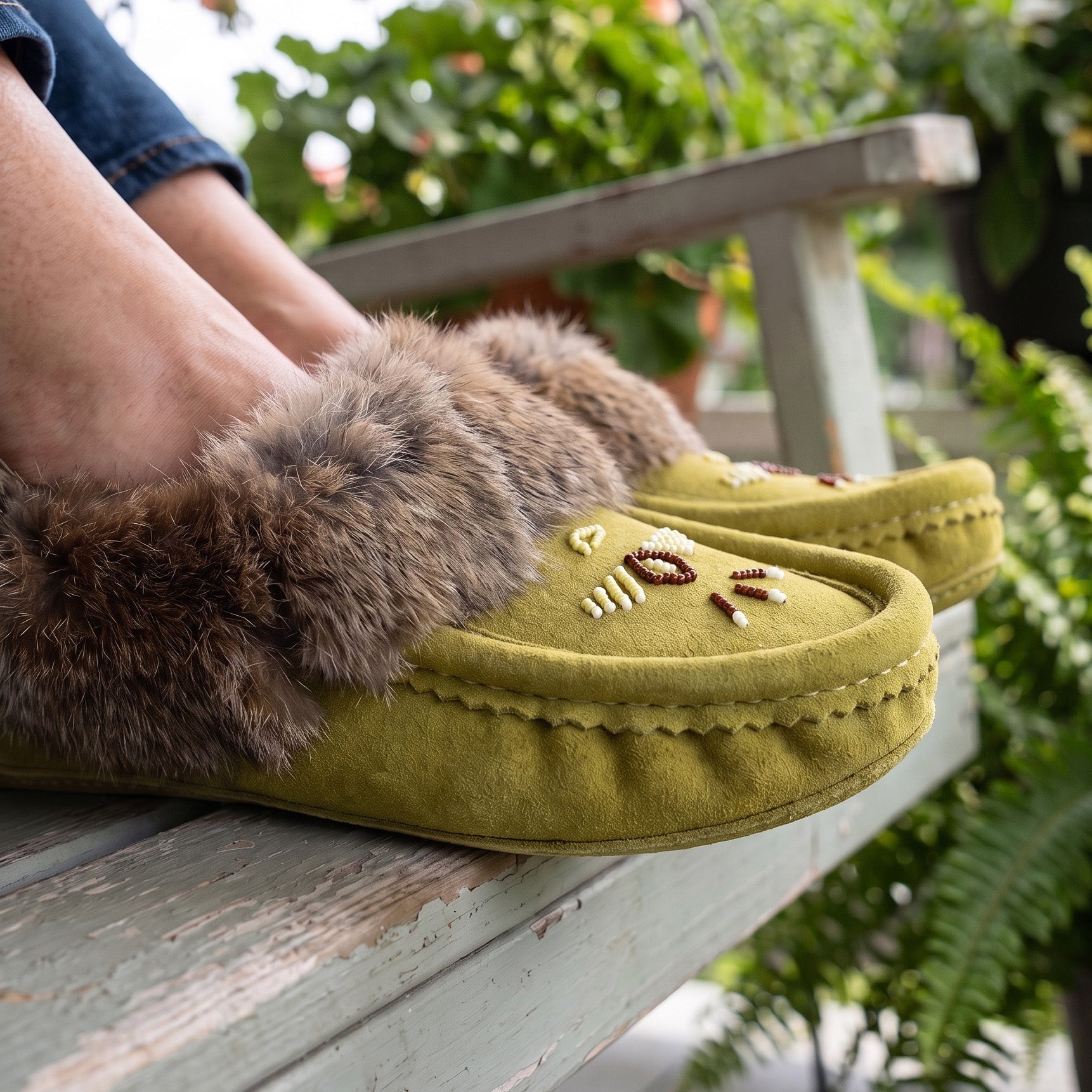 Women's Green Limited Edition Rabbit Fur Moccasins