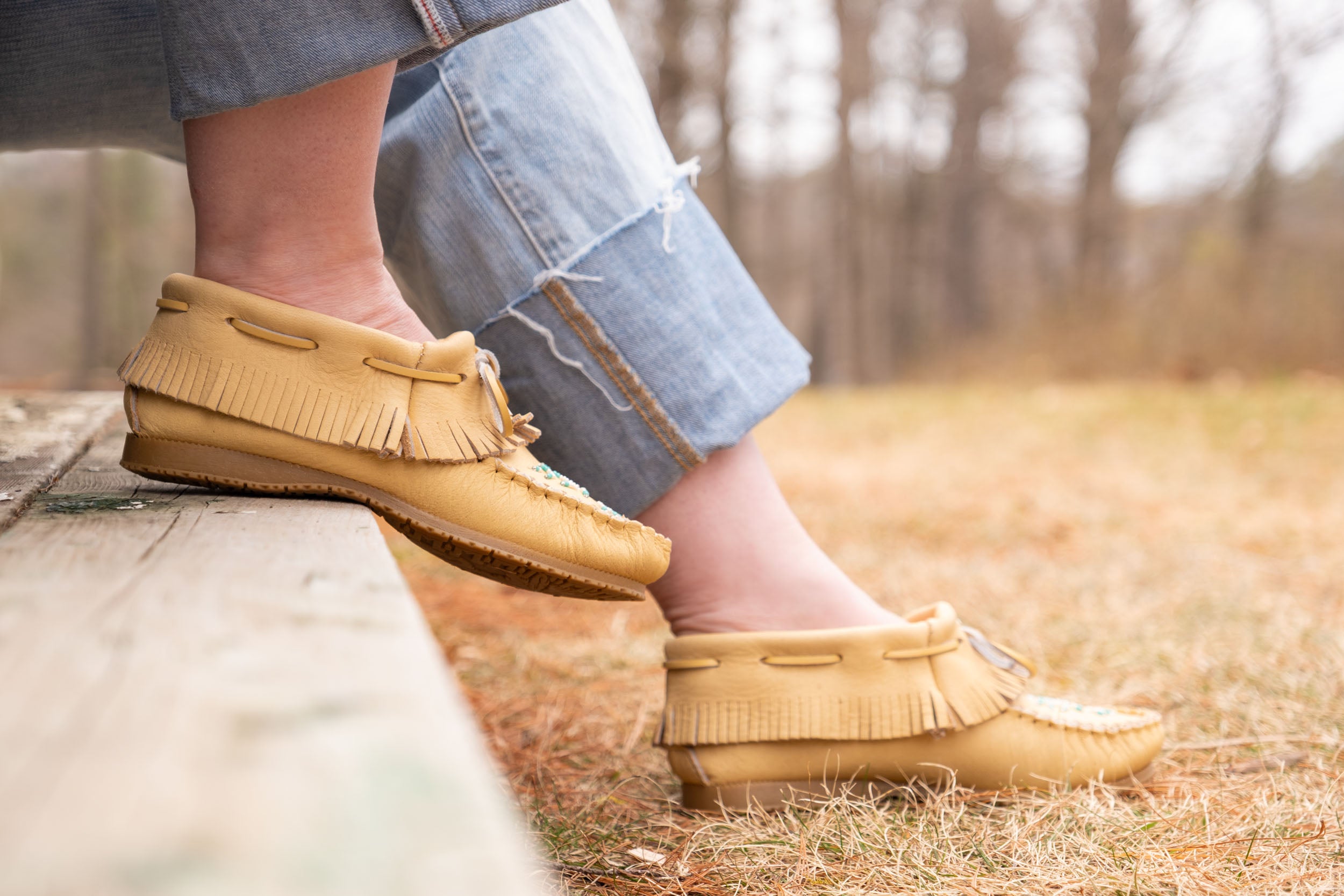 Women's Beaded Moose Hide Leather Moccasin Shoes