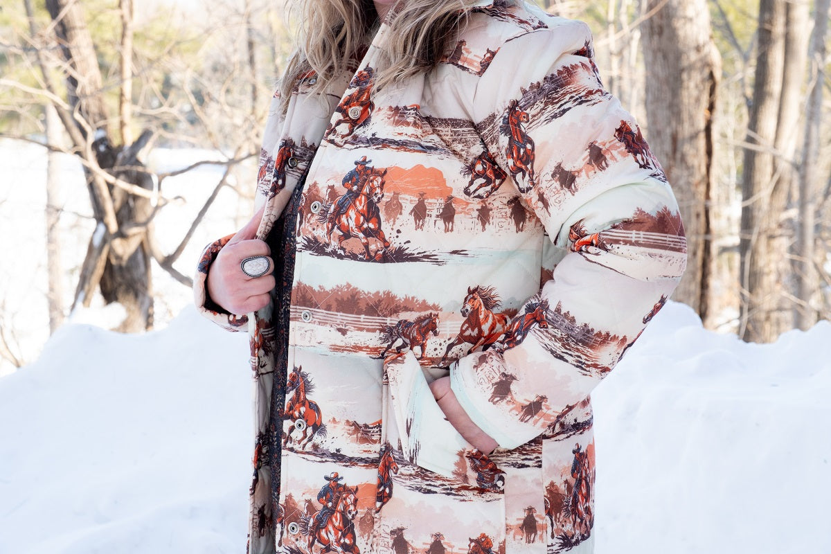 Women's Horse Printed Long Quilted Coat