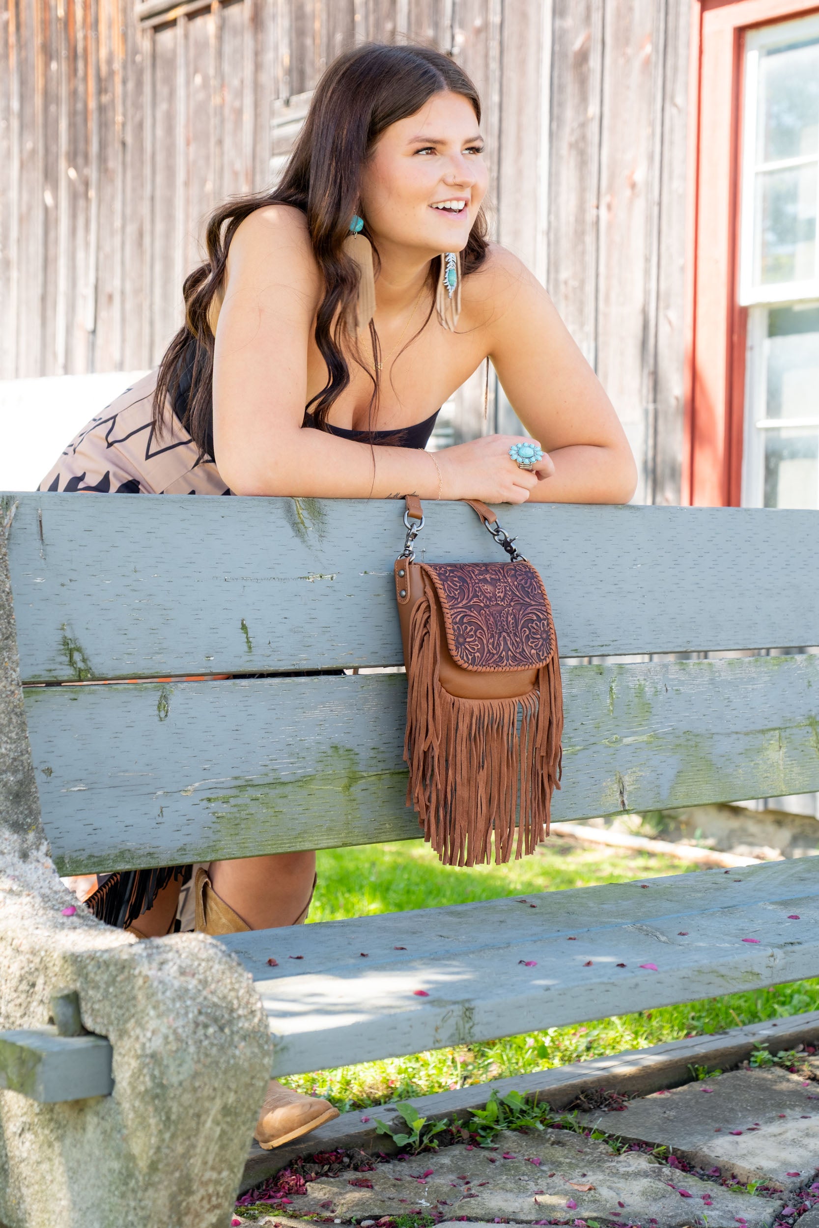 Genuine Leather Tooled Fringe Crossbody Purse