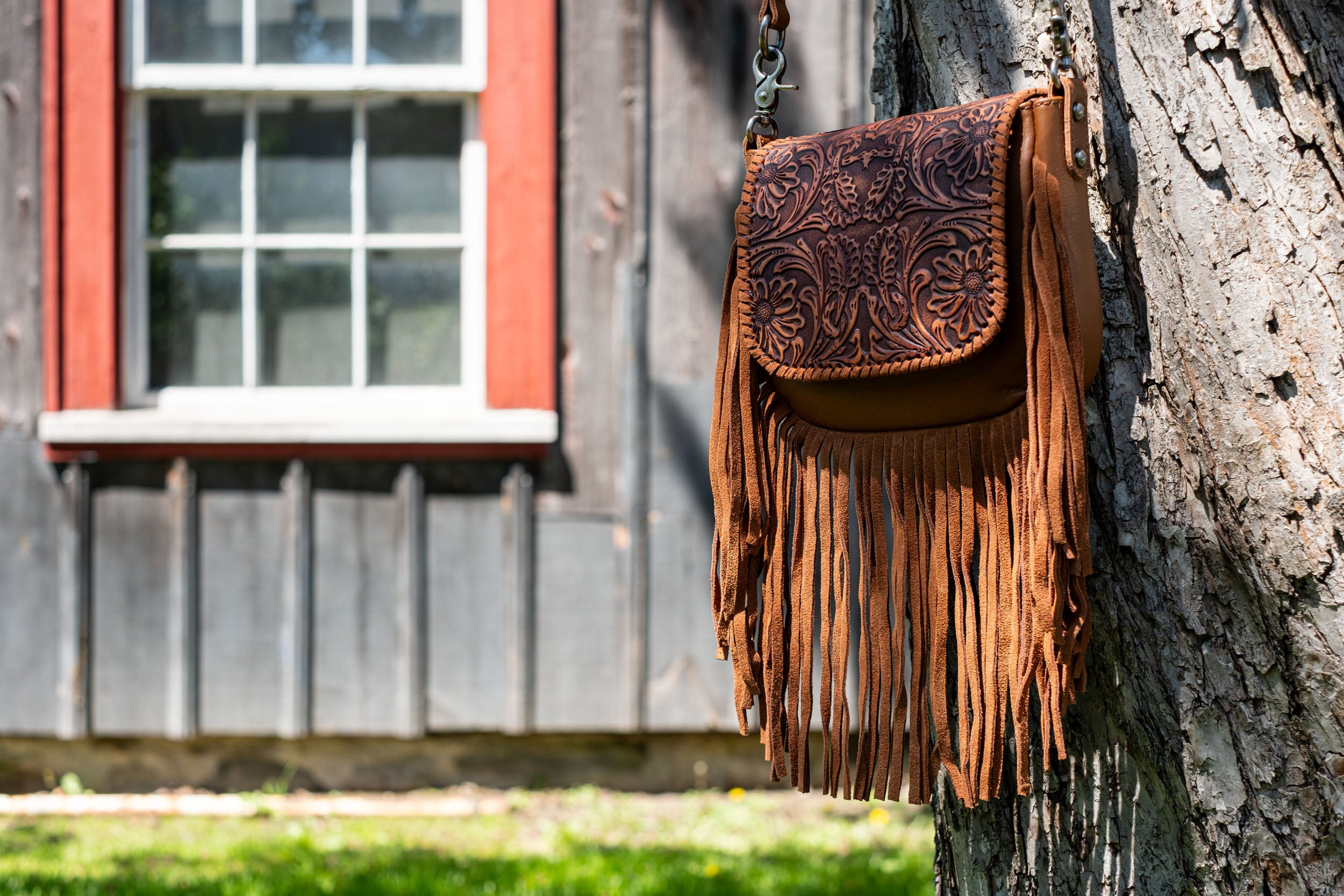 Genuine Leather Tooled Fringe Crossbody Purse