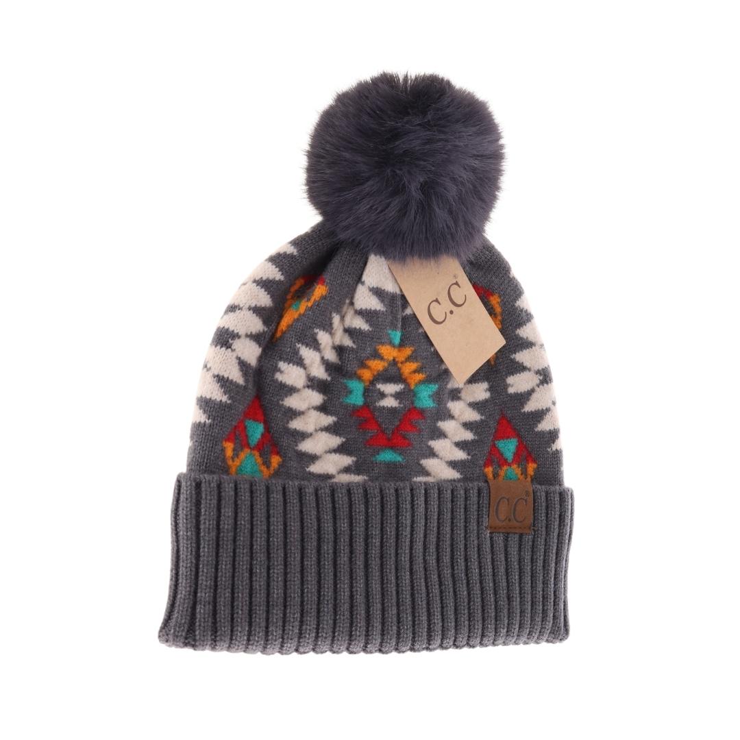 Aztec Faux Fur Pom Beanie