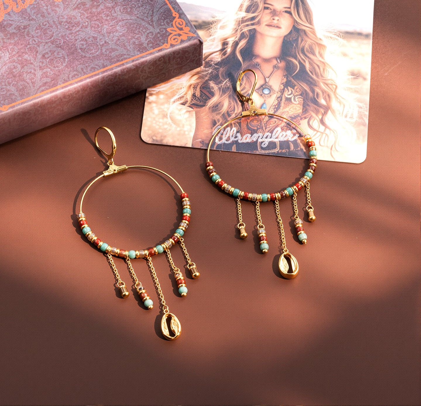 Natural Stone Dangling Charms Hoop Earrings 14K Gold