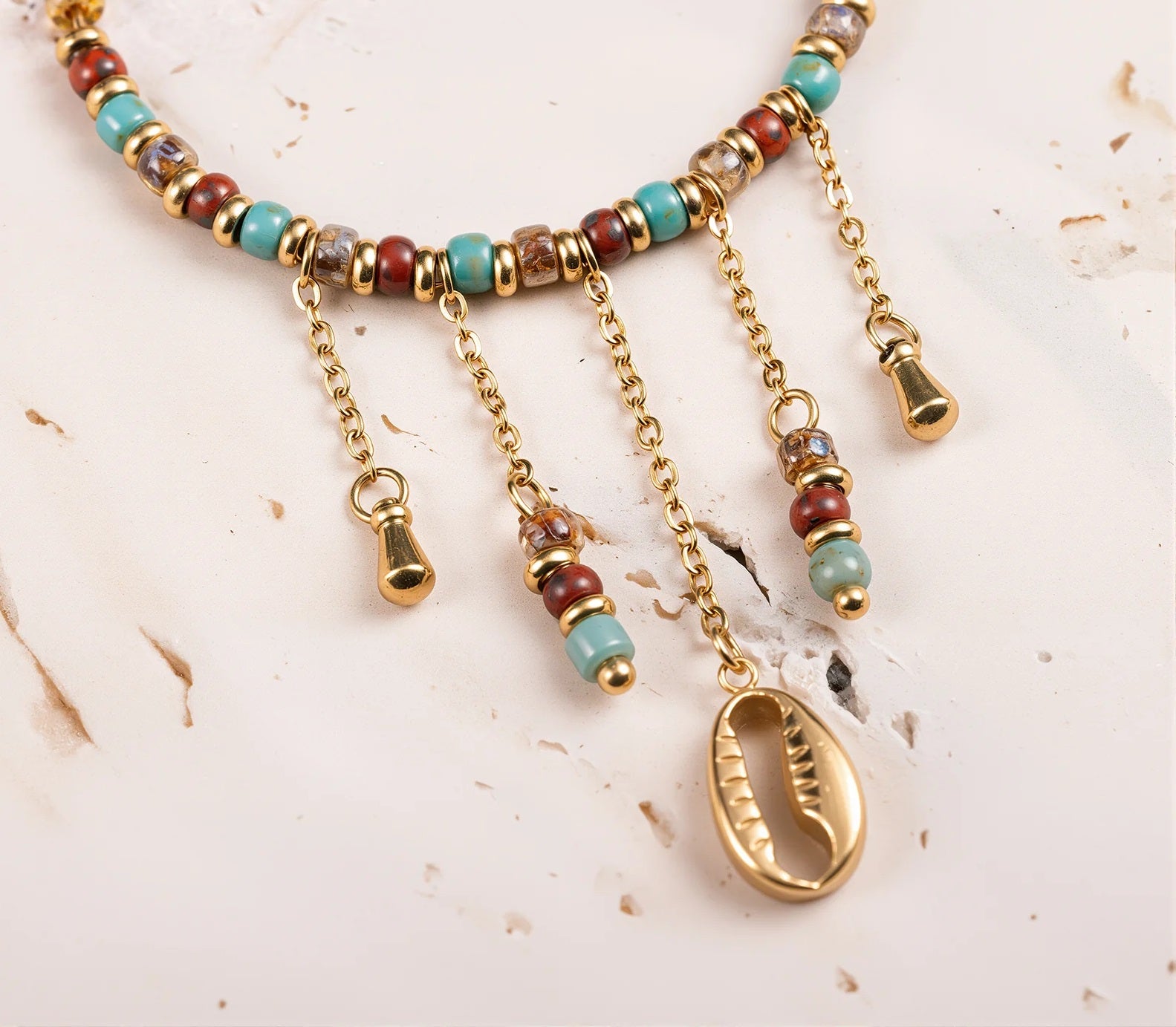 Natural Stone Dangling Charms Hoop Earrings 14K Gold