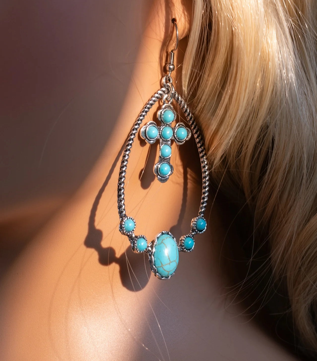 Western Stone Cross Hoop Earrings