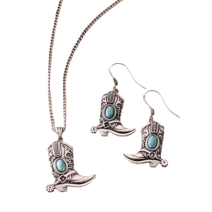 Silver Boots Turquoise Pendant Necklace & Earrings Set
