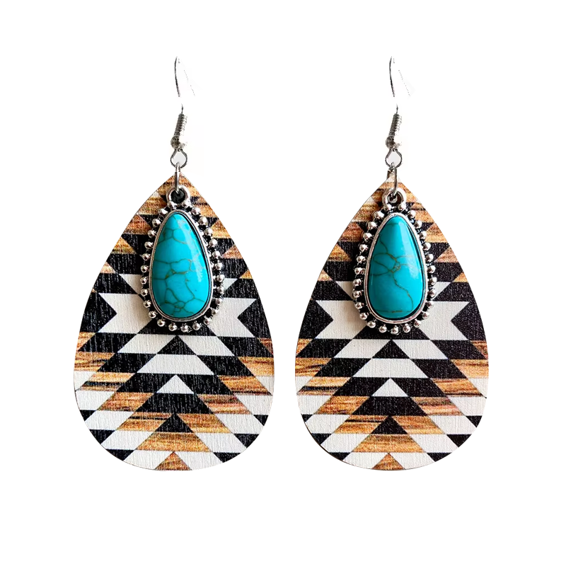 Aztec Wood Turquoise Teardrop Earrings