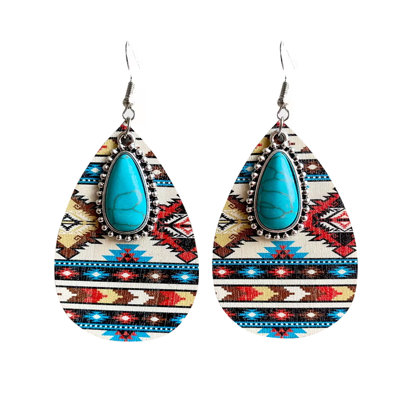 Aztec Wood Turquoise Teardrop Earrings