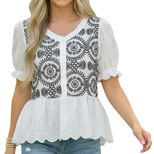 Women's Embroidered Eyelet Peplum Button Front Top