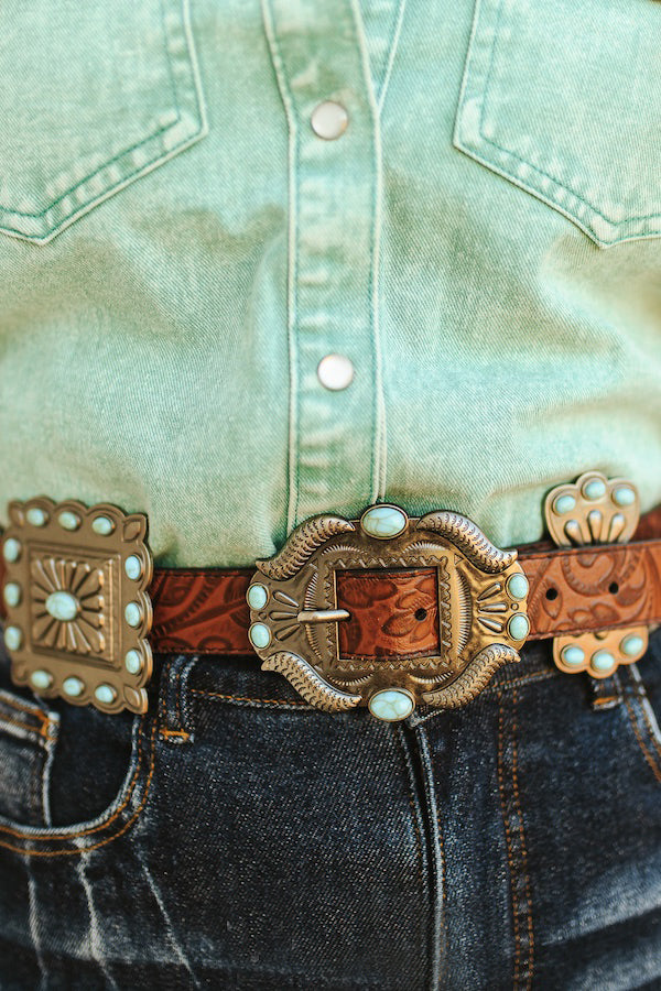 Tooled Leather Turquoise Stone Concho Belt