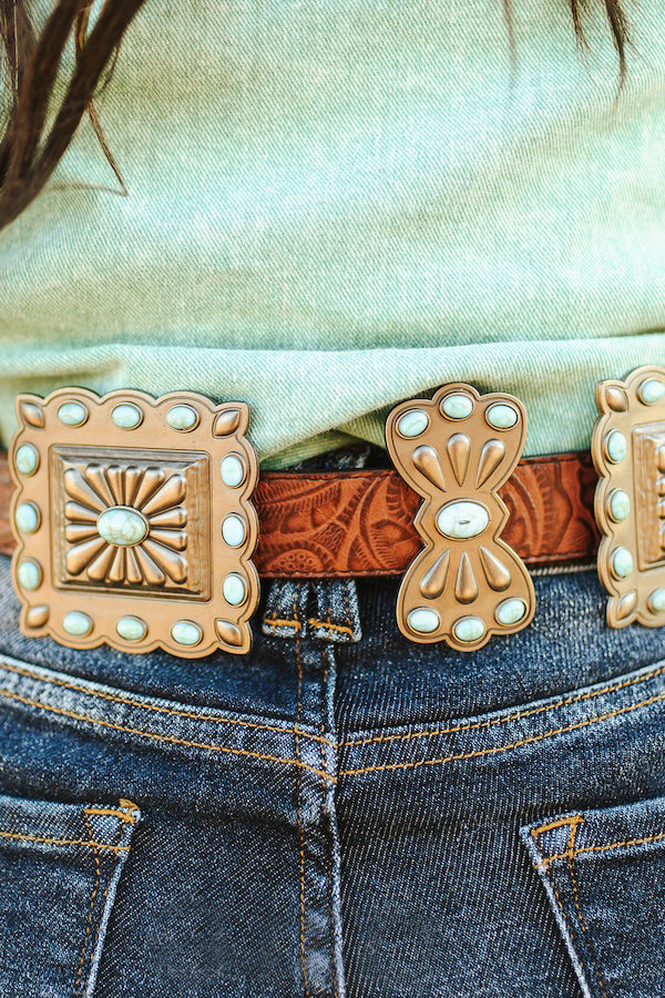 Tooled Leather Turquoise Stone Concho Belt