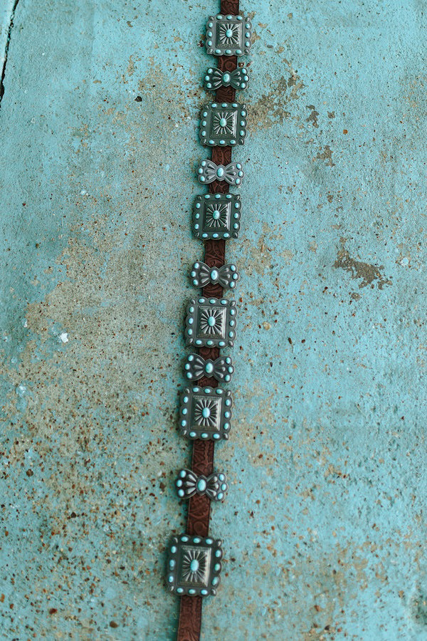 Tooled Leather Turquoise Stone Concho Belt
