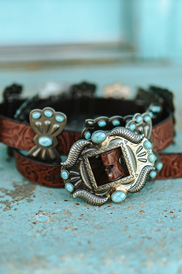 Tooled Leather Turquoise Stone Concho Belt