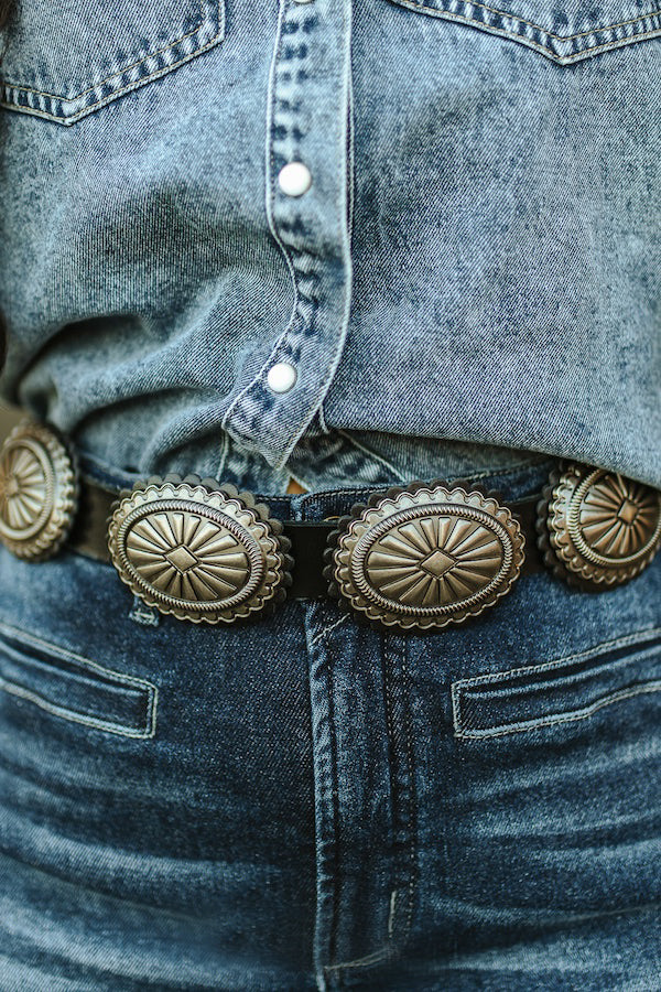 Black Genuine Leather Oval Vintage Silver Concho Belt