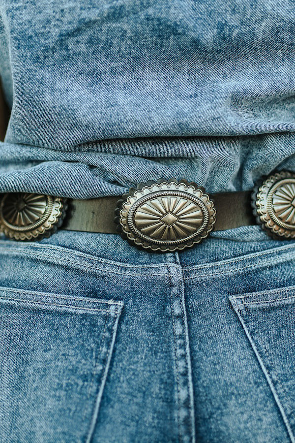 Black Genuine Leather Oval Vintage Silver Concho Belt