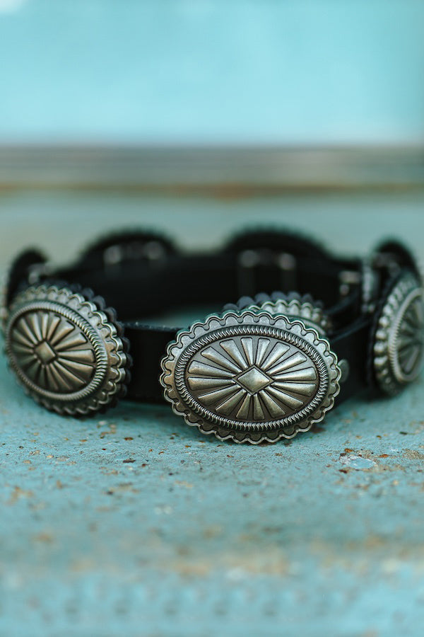 Black Genuine Leather Oval Vintage Silver Concho Belt