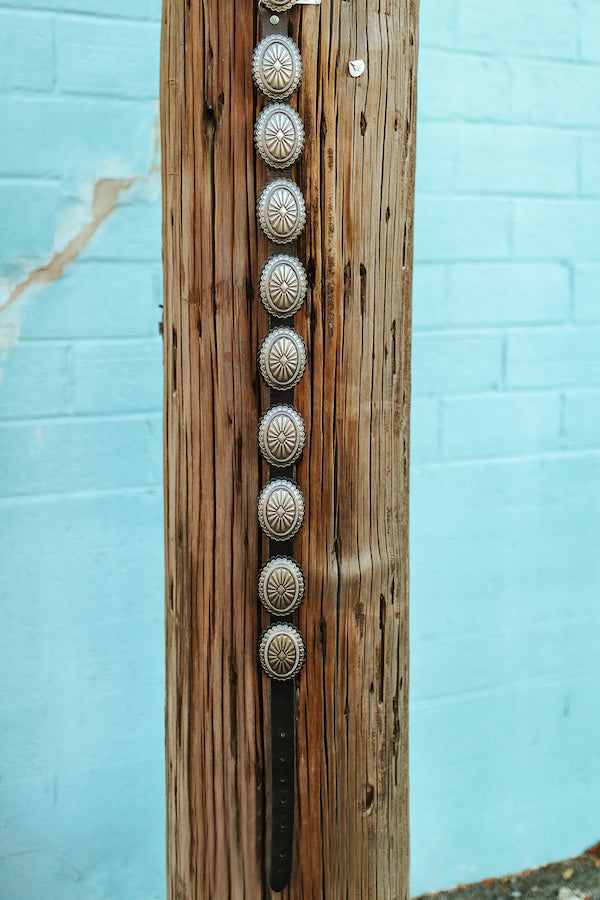 Black Genuine Leather Oval Vintage Silver Concho Belt