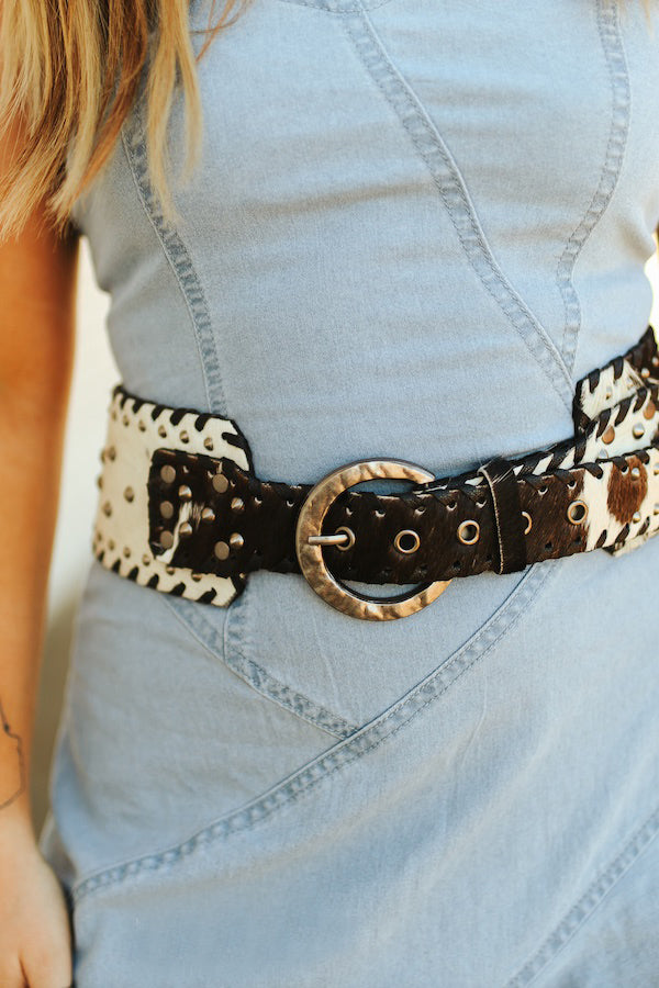 Black Cowhide Genuine Leather Studded Wide Belt