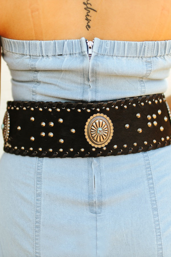 Black Cowhide Genuine Leather Studded Wide Belt