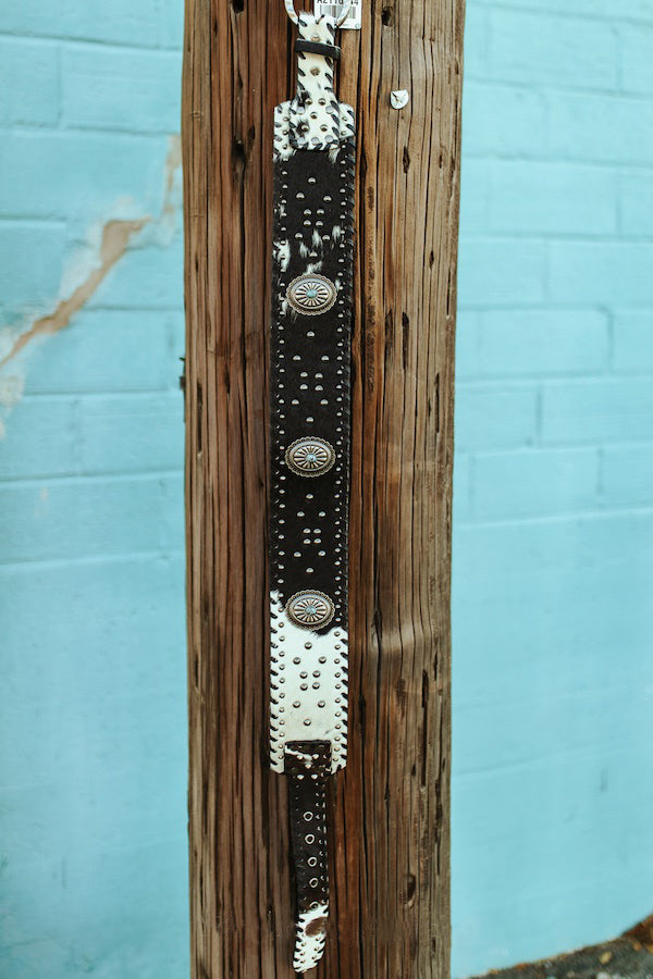 Black Cowhide Genuine Leather Studded Wide Belt