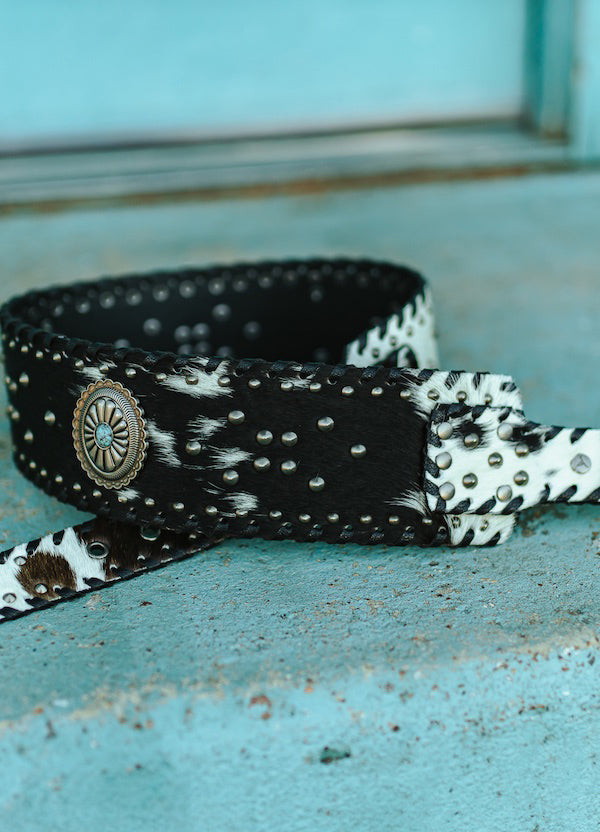 Black Cowhide Genuine Leather Studded Wide Belt