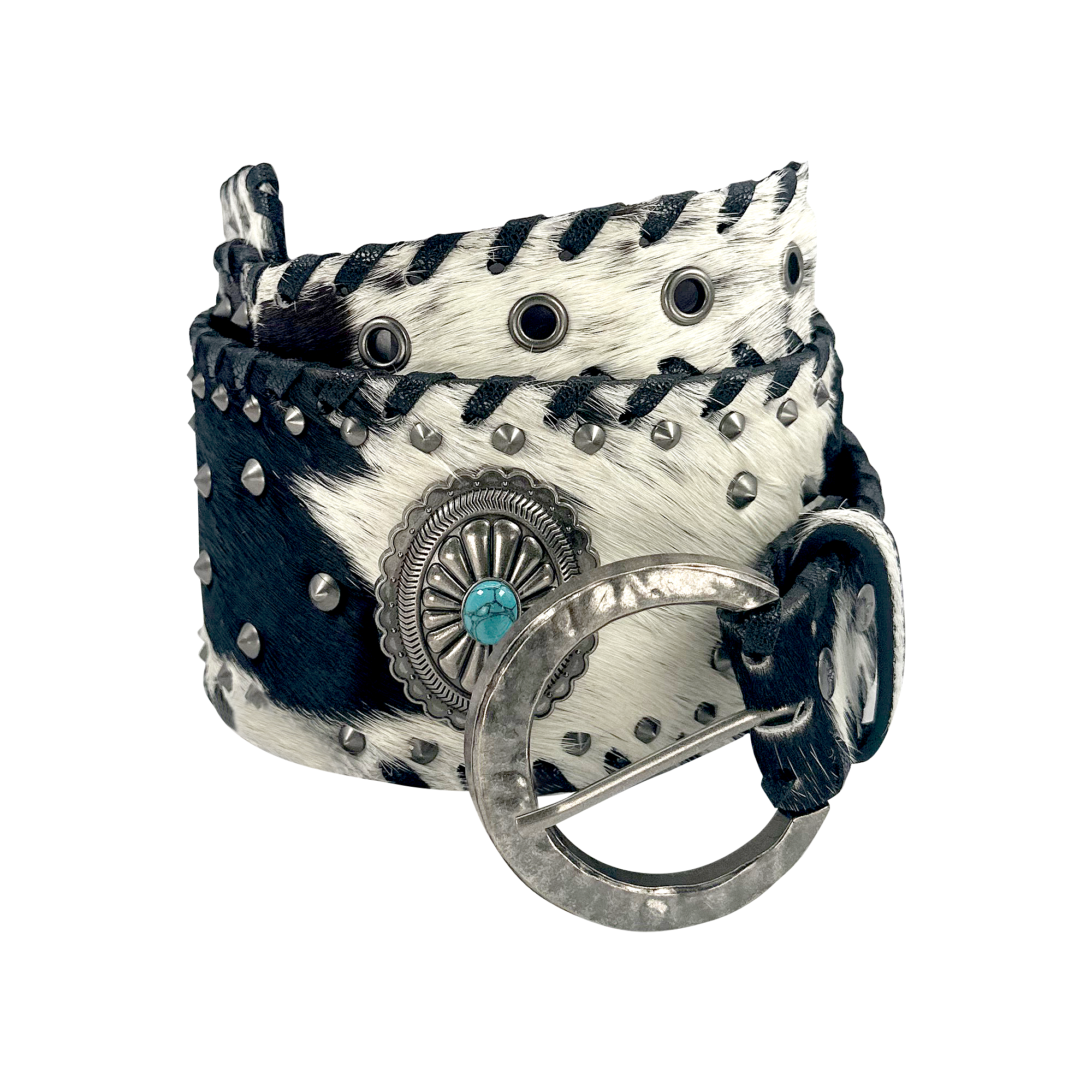 Black Cowhide Genuine Leather Studded Wide Belt