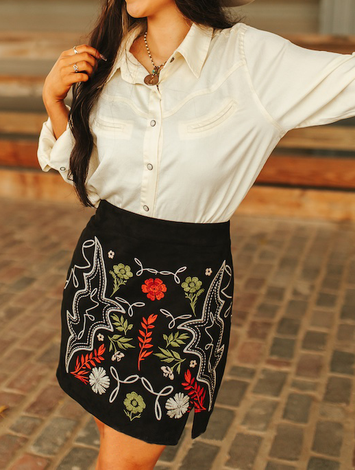 Stretch Suede Aztec Floral Embroidered Skirt