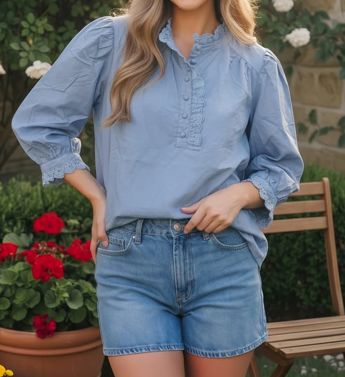 Women's Eyelet Trim Ruffle Neck Blouse