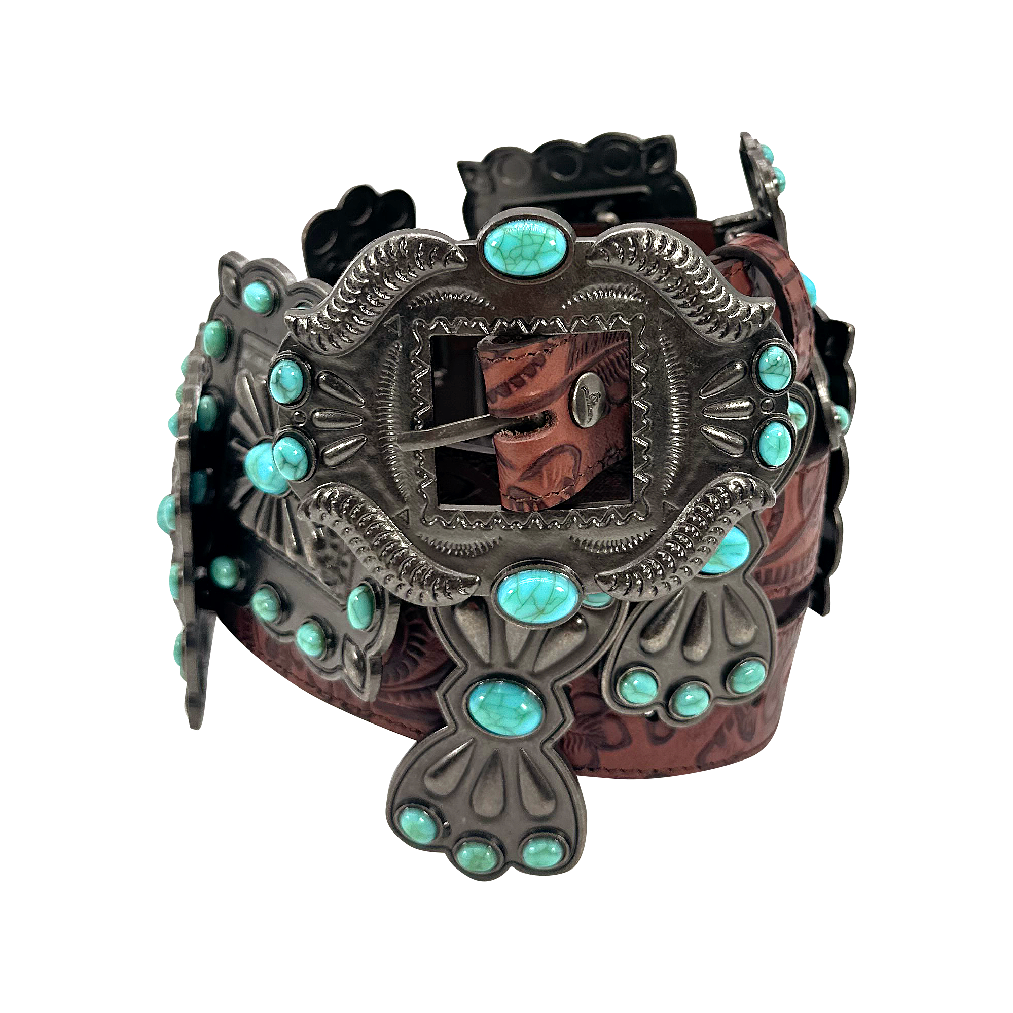 Tooled Leather Turquoise Stone Concho Belt