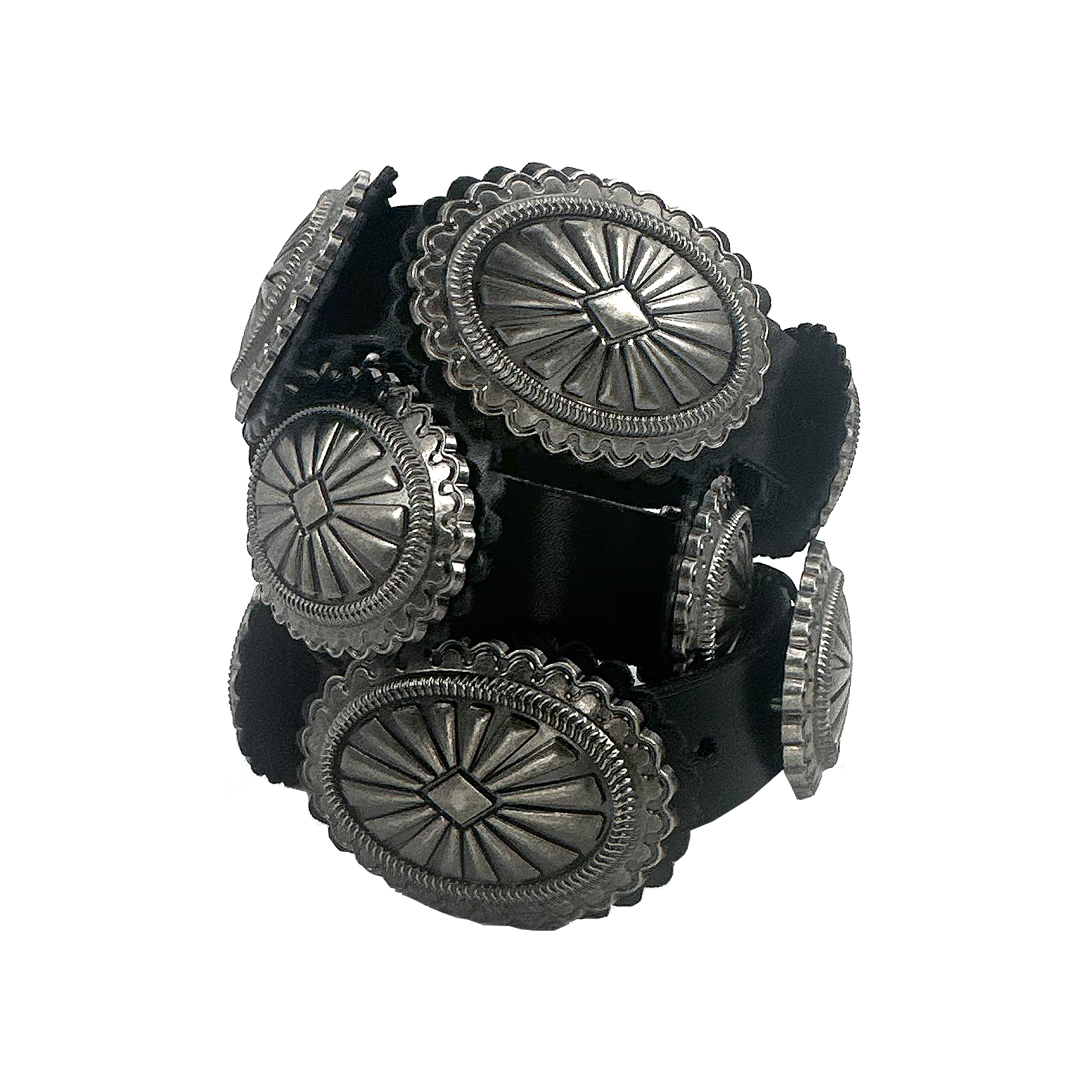 Black Genuine Leather Oval Vintage Silver Concho Belt